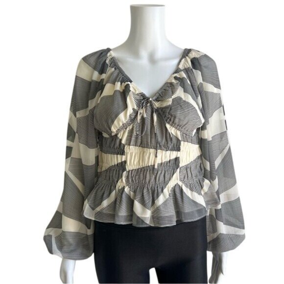 Express Smocked Blouse in Cream and Black - S - Picture 1 of 7